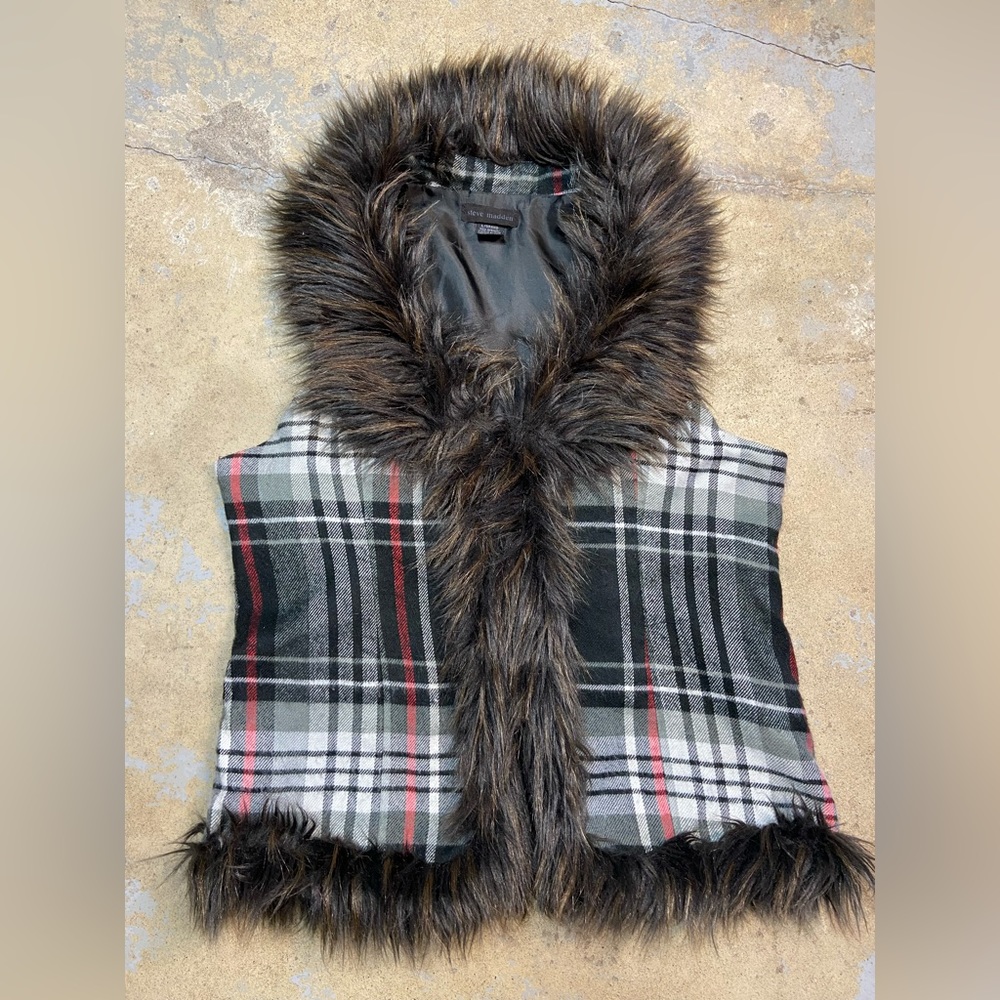 Steve Madden Plaid Faux Fur Vest – Hook & Eye Layering Vest | Size L